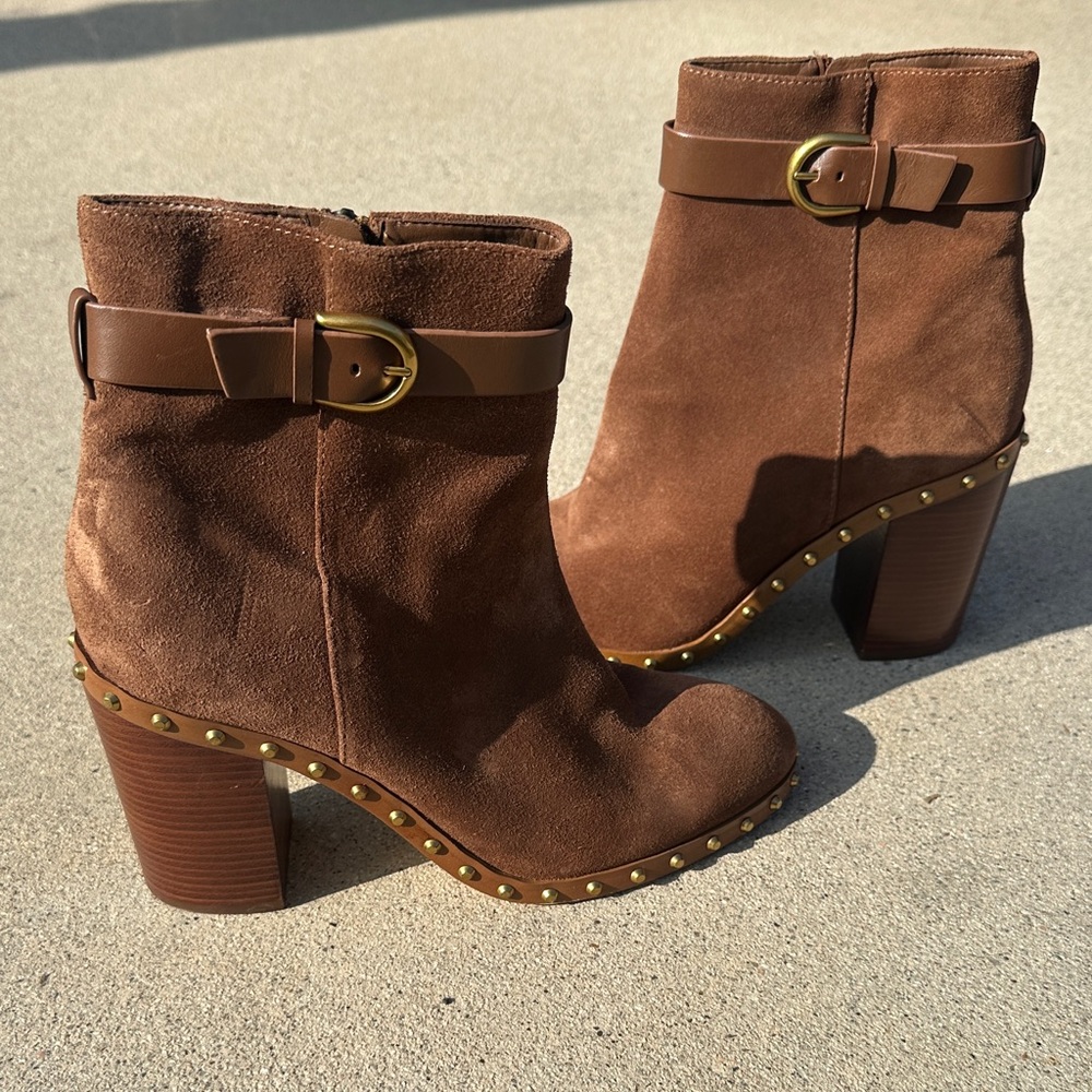 Michael Kors Brown Suede Ankle Boots with Gold Accents - Picture 3 of 6